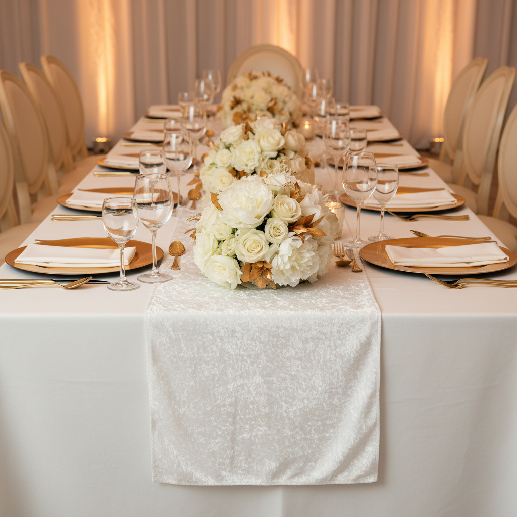 Velvet Table Runner - White | tablecloth | napkin | charger plate | wine goblets | centerpiece |