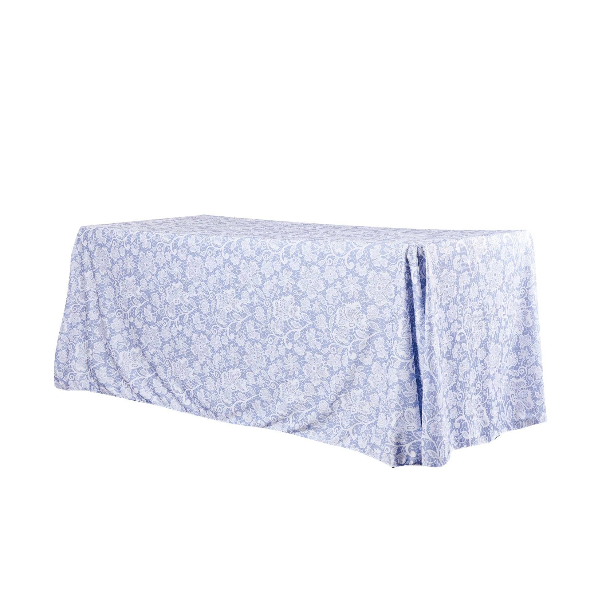 Vintage Lace Print Scuba Rectangular Tablecloth Dusty Blue/White angled view