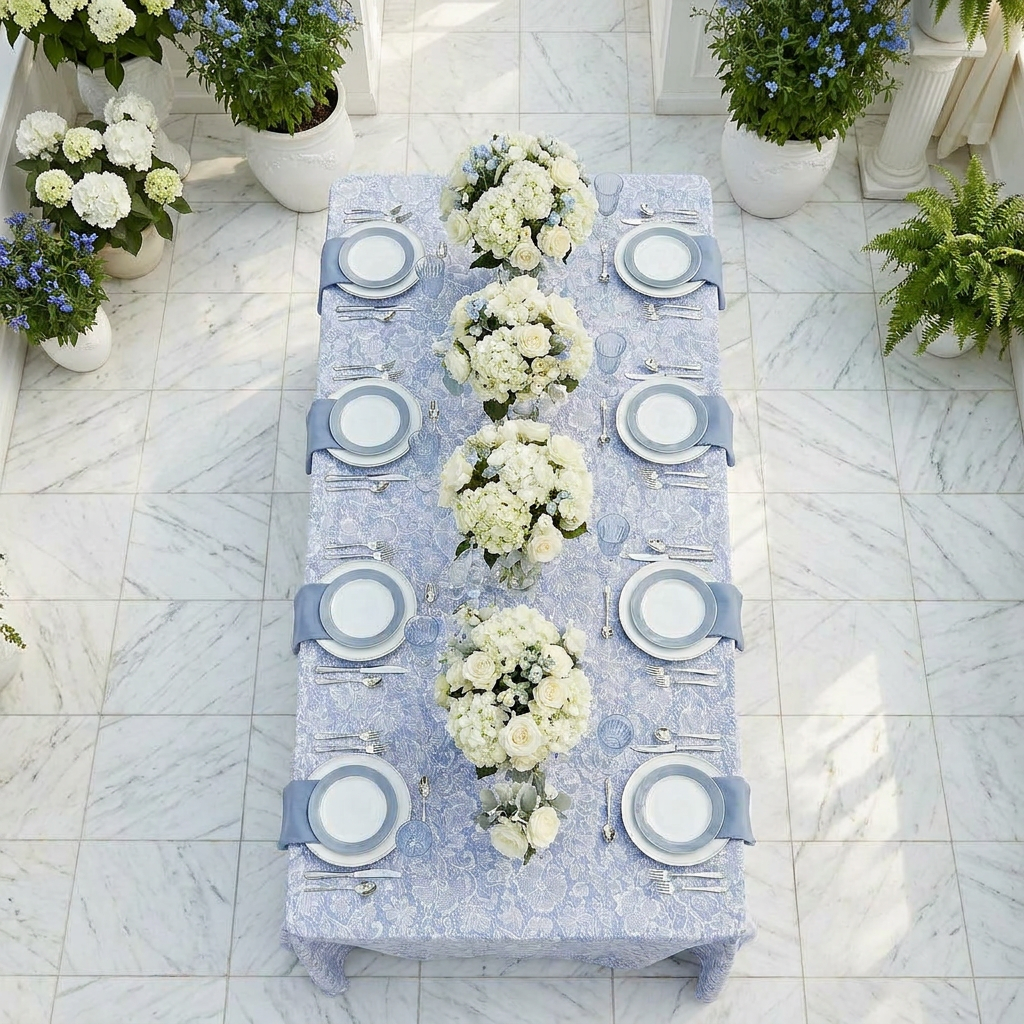 Vintage Lace Print Scuba Rectangular Tablecloth Dusty Blue/White with dusty blue napkins and white and blue floral centerpieces birdseye view