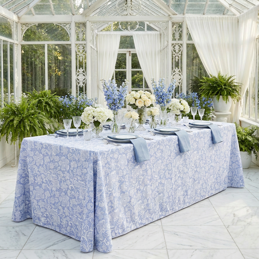Vintage Lace Print Scuba Rectangular Tablecloth Dusty Blue/White with dusty blue napkins and white and blue floral centerpieces