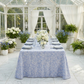 Vintage Lace Print Scuba Rectangular Tablecloth Dusty Blue/White with dusty blue napkins and white and blue floral centerpieces