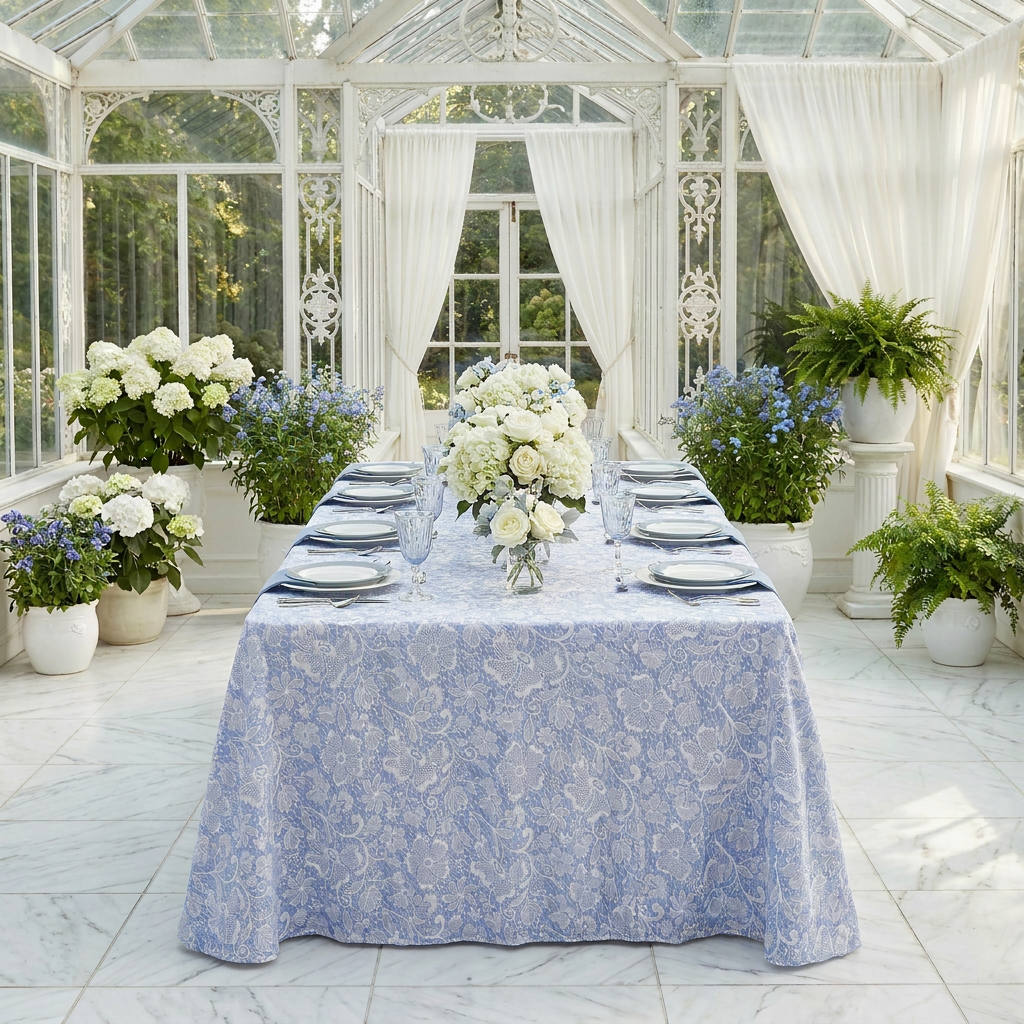 Vintage Lace Print Scuba Rectangular Tablecloth Dusty Blue/White with dusty blue napkins and white and blue floral centerpieces