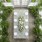 birdseye of the Vintage Lace Print Scuba Rectangular Tablecloth Olive Green/White paired with white dinnerware, wine goblets and white floral centerpieces