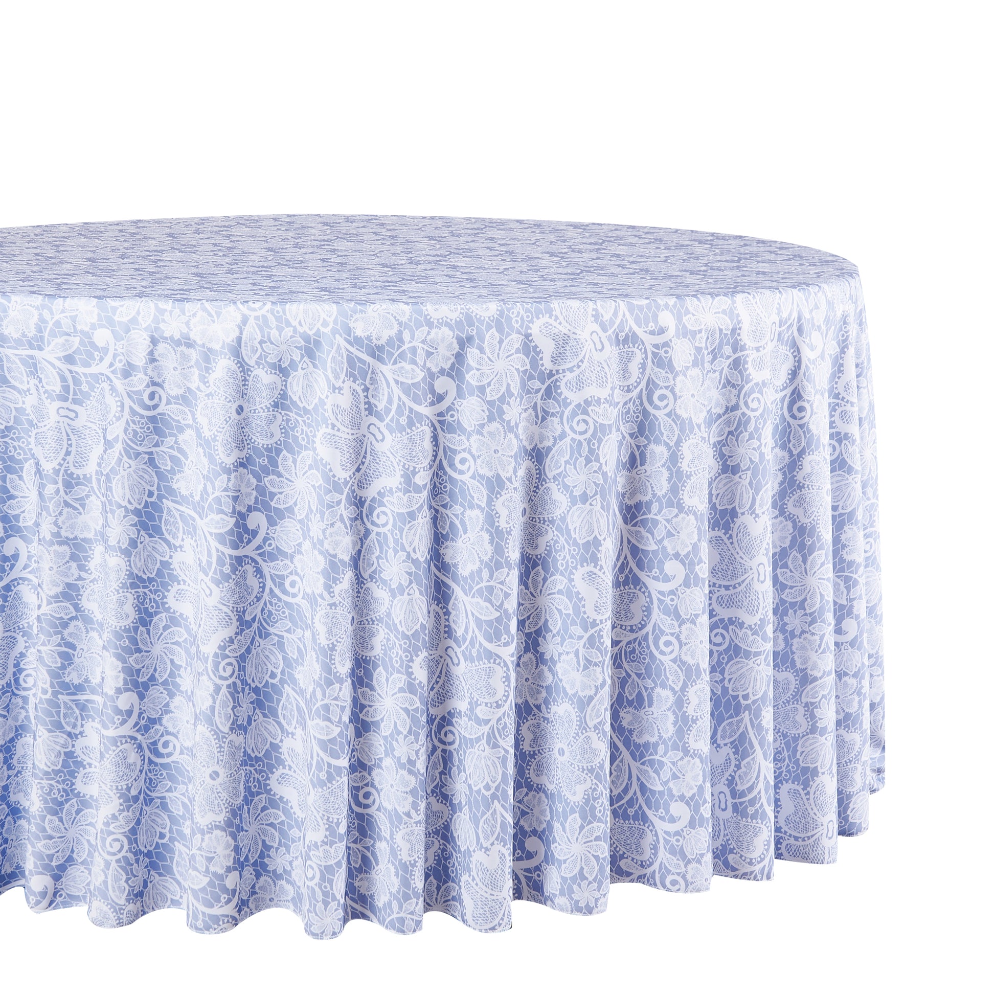 Vintage Lace Print Scuba Round Tablecloth Dusty Blue/White close up