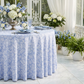 Vintage Lace Print Scuba Round Tablecloth Dusty Blue/White with dusty blue napkins and white and blue floral centerpieces