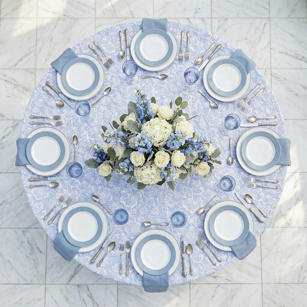 Vintage Lace Print Scuba Round Tablecloth Dusty Blue/White with dusty blue napkins and white and blue floral centerpieces birdseye view