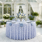 Vintage Lace Print Scuba Round Tablecloth Dusty Blue/White with dusty blue napkins and white and blue floral centerpieces