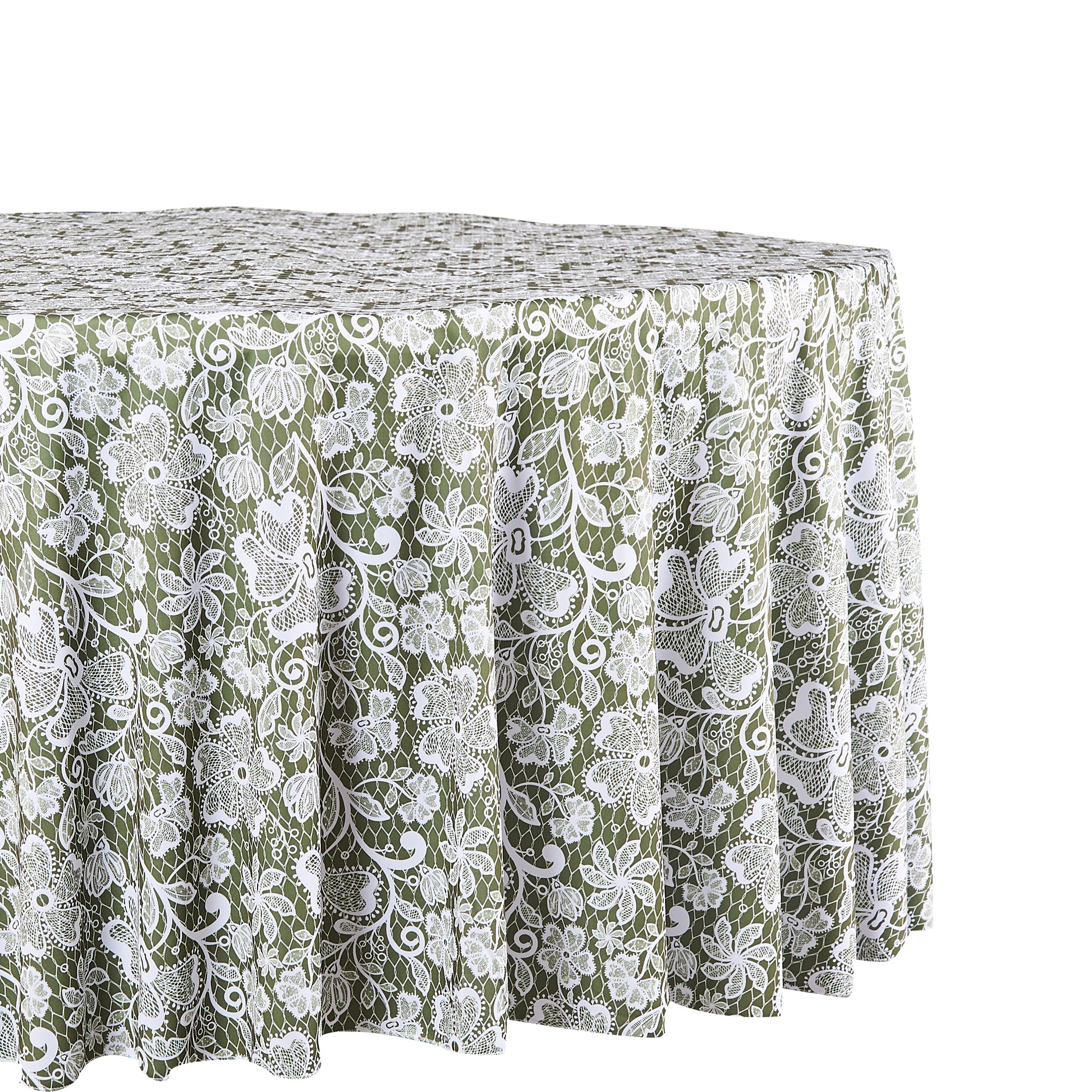 Vintage Lace Print Scuba  120" Round Tablecloth - Olive Green/White - CV Linens
