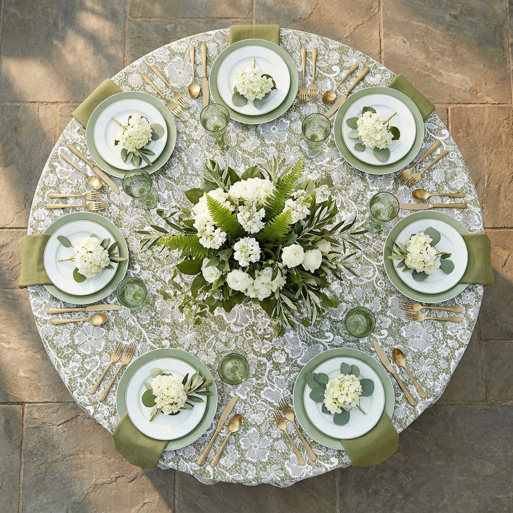 Vintage Lace Print Scuba  120" Round Tablecloth - Olive Green/White - CV Linens
