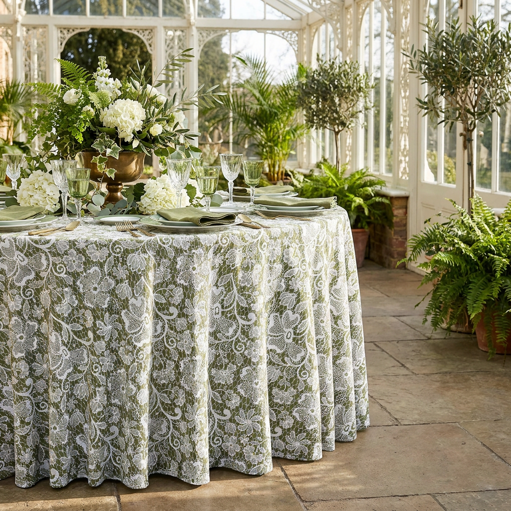 Vintage Lace Print Scuba  120" Round Tablecloth - Olive Green/White - CV Linens