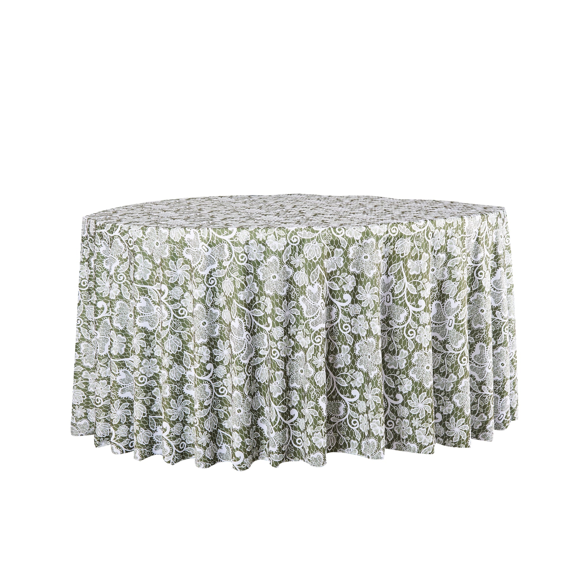 Vintage Lace Print Scuba  120" Round Tablecloth - Olive Green/White - CV Linens