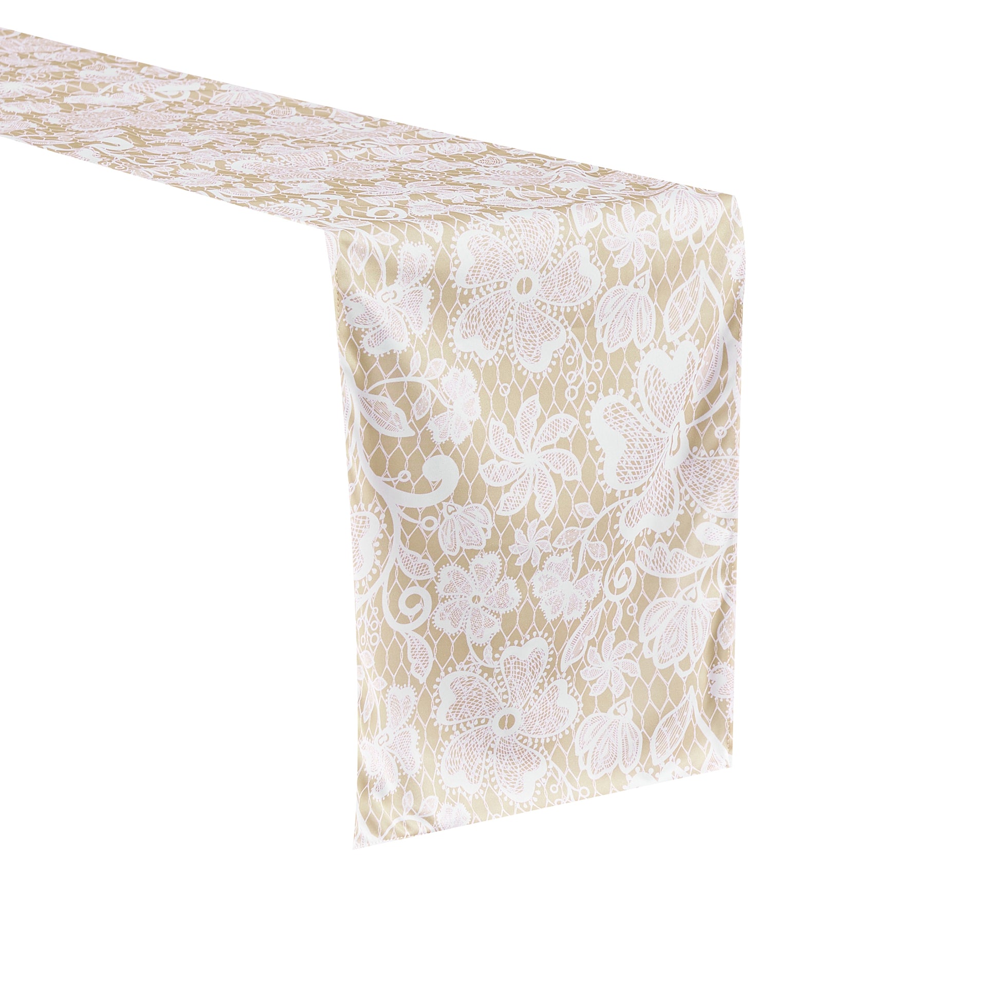 Vintage Lace Print Scuba Table Runner Champagne/White angled view