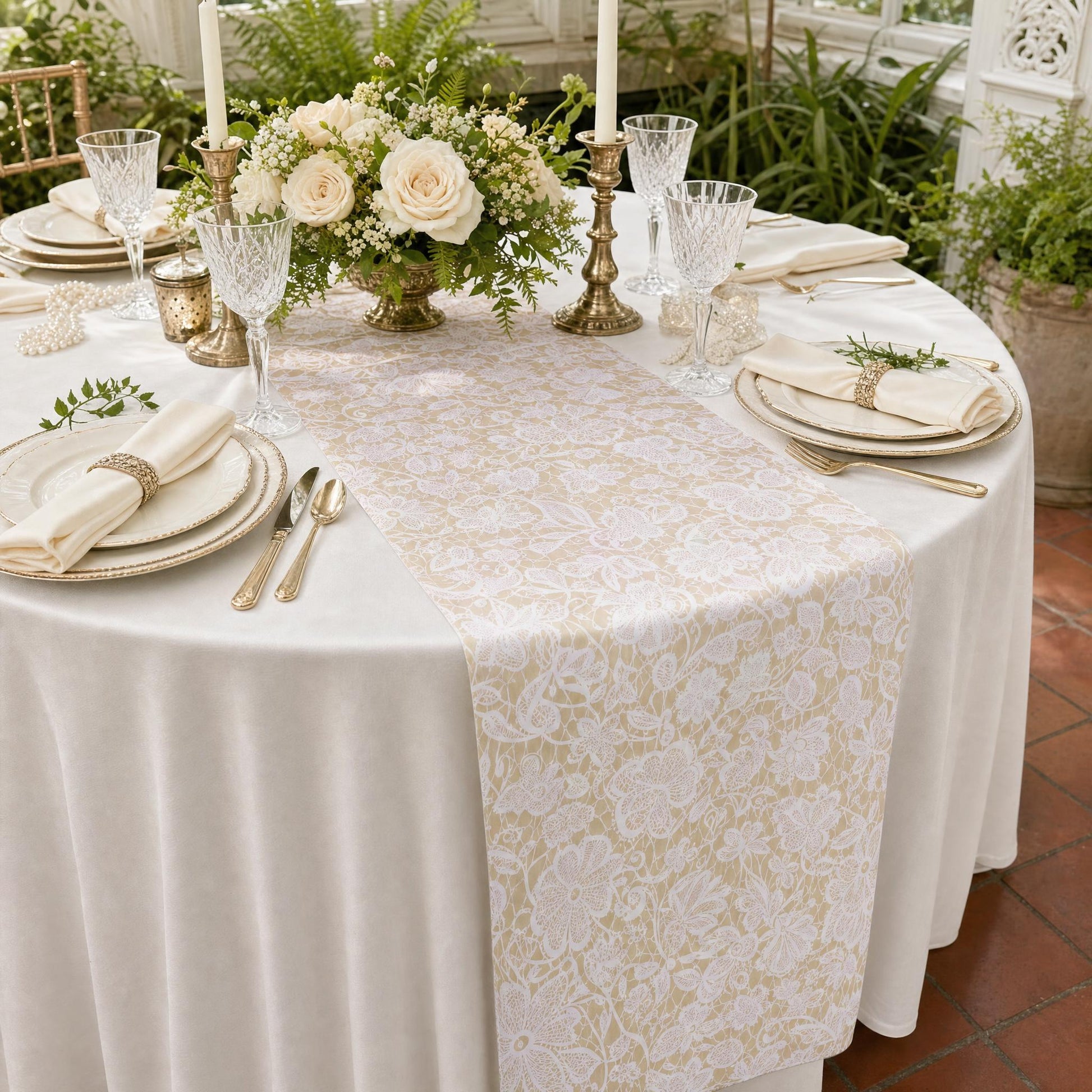 birdseye view of the Vintage Lace Print Scuba Table Runner Champagne/White on top an ivory round table