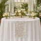 Vintage Lace Print Scuba Table Runner Champagne/White on a round bridal table and florals
