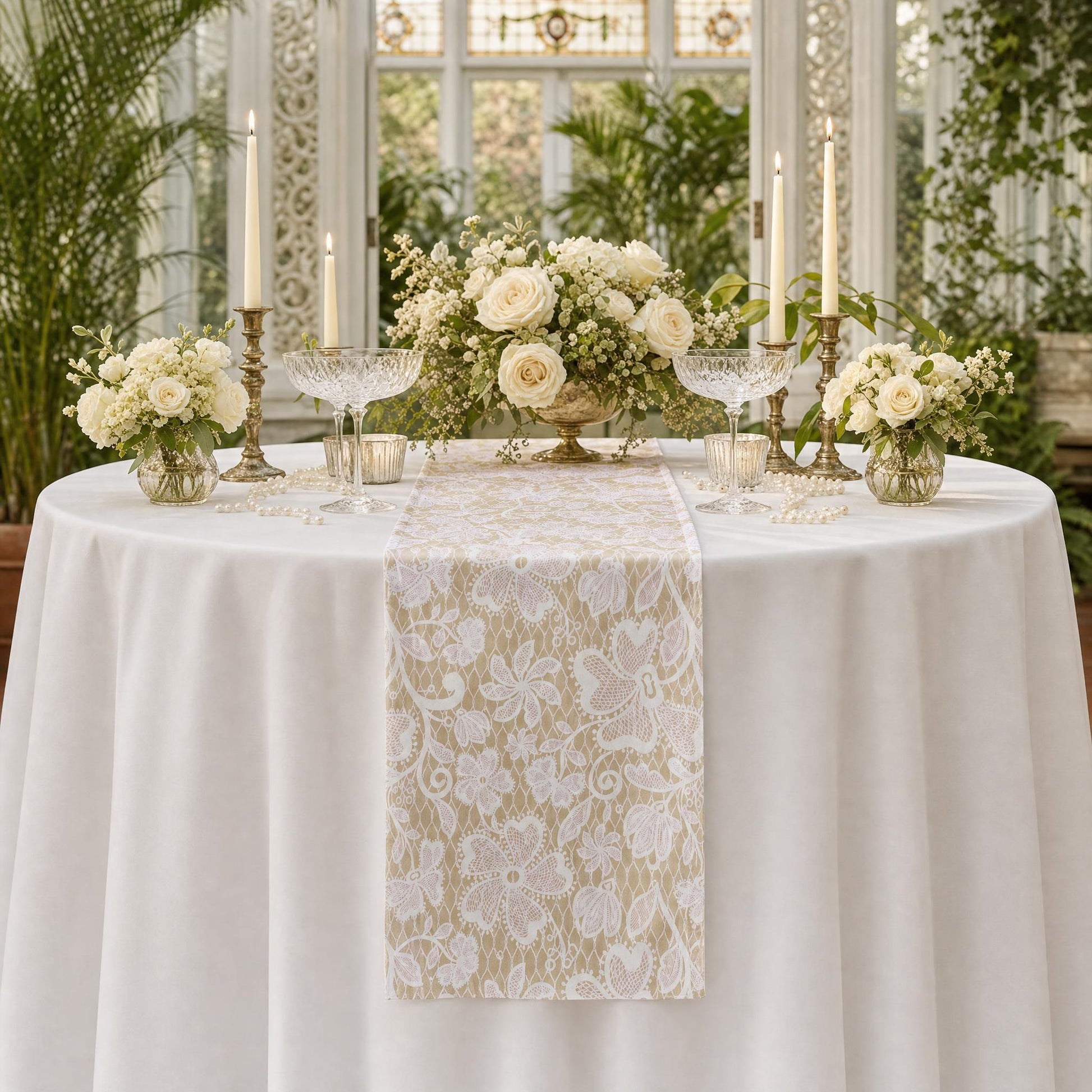 Vintage Lace Print Scuba Table Runner Champagne/White on a round bridal table and florals