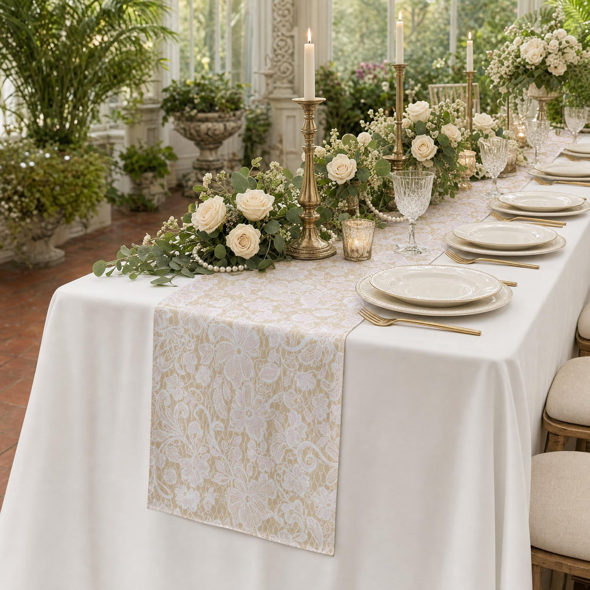 Vintage Lace Print Scuba Table Runner Champagne/White on a rectangular table with dinner plates and candelabras