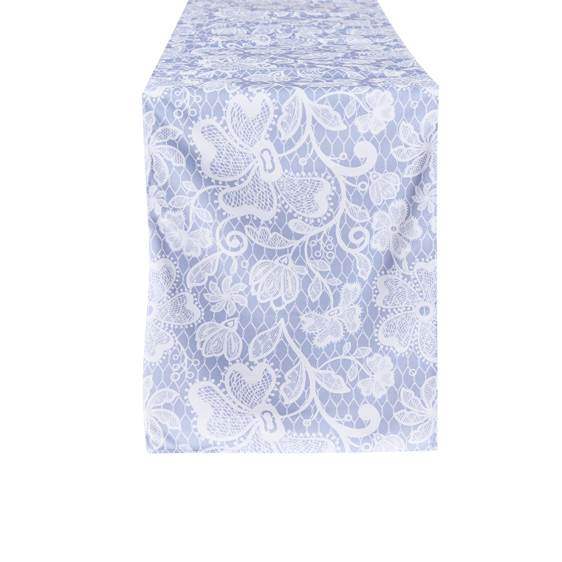 Vintage Lace Print Scuba Table Runner Dusty Blue/White end view