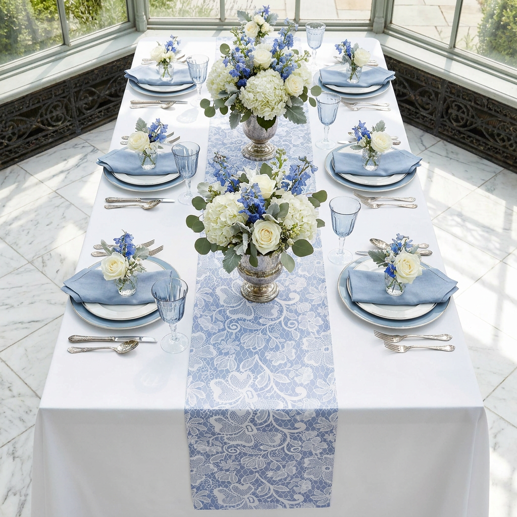 birdseye view Vintage Lace Print Scuba Table Runner Dusty Blue/White on a rectangular table with dusty blue napkins and blue and white floral centerpieces