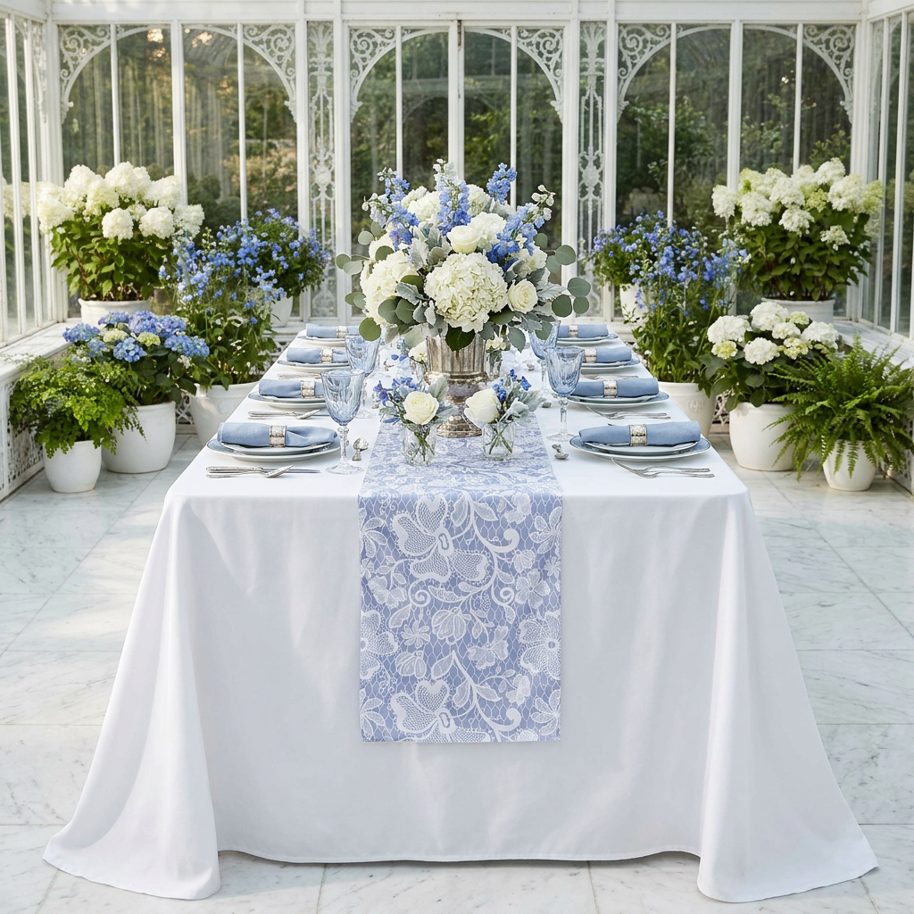 Vintage Lace Print Scuba Table Runner Dusty Blue/White on a rectangular table with dusty blue napkins and blue and white floral centerpieces