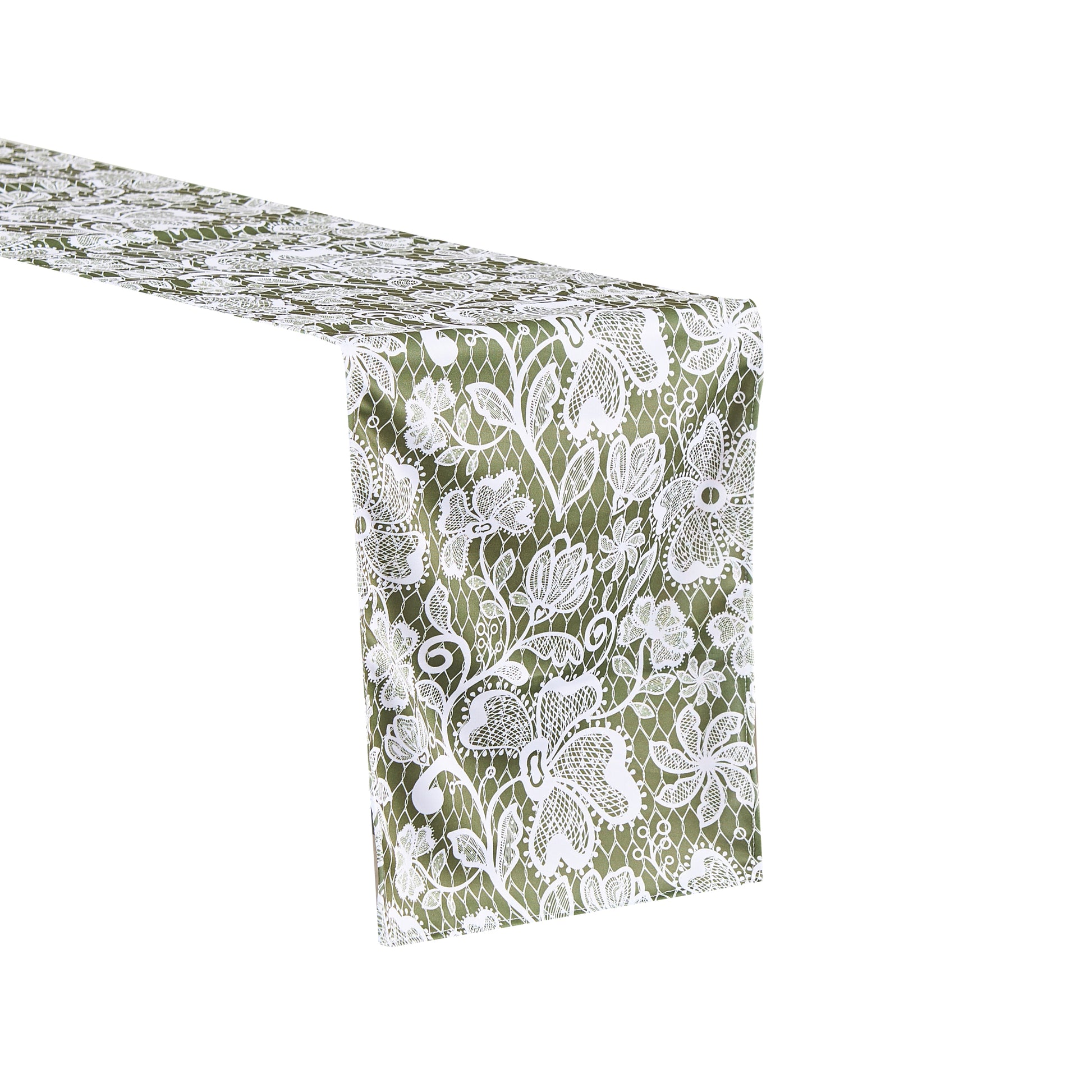 Vintage Lace Print Scuba Table Runner Olive Green/White angled view