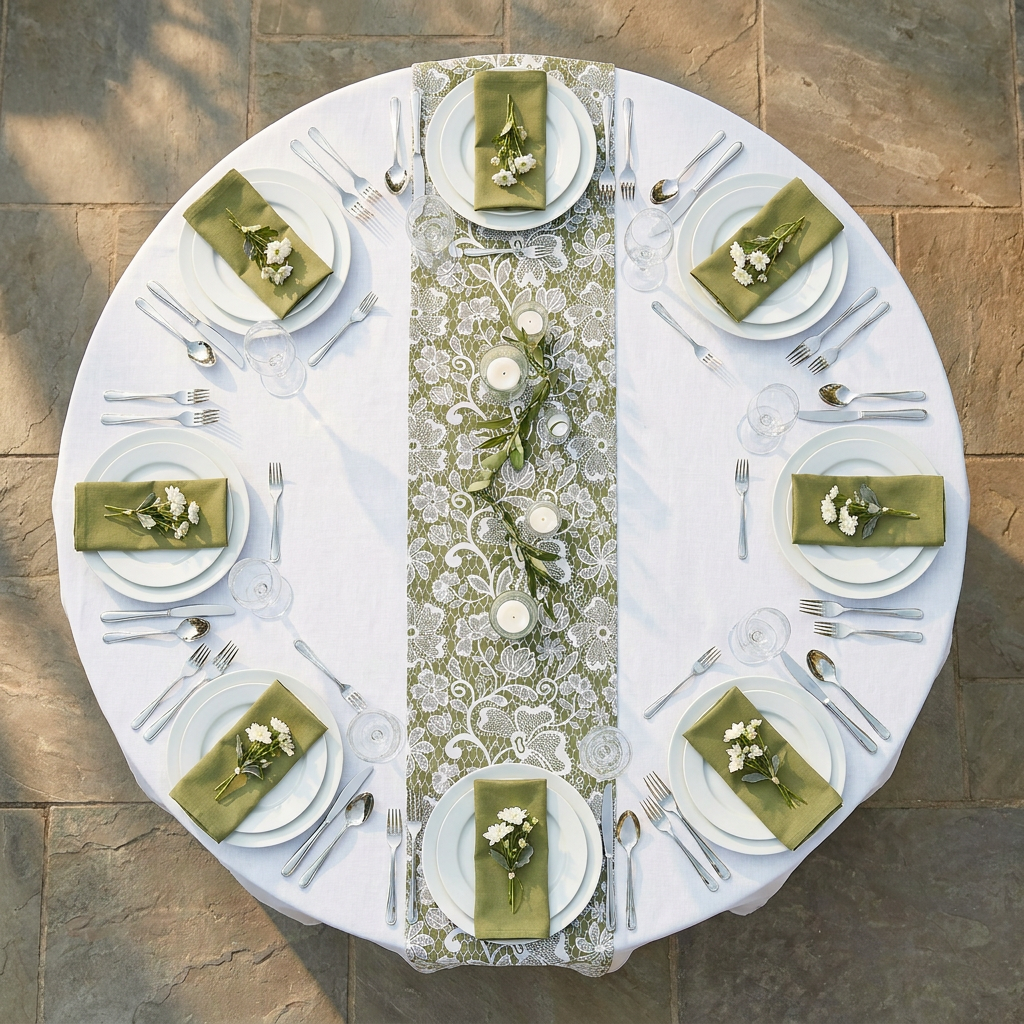 birdseye view Vintage Lace Print Scuba Table Runner Olive Green/White with greenery and votive candles