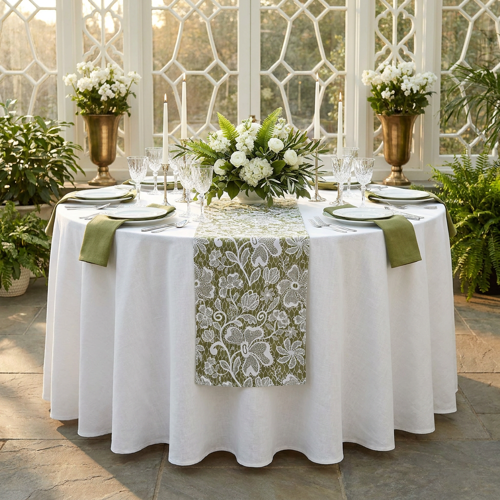 Vintage Lace Print Scuba Table Runner Olive Green/White on top a white tablecloth with olive green napkins, goblets and floral centerpiece