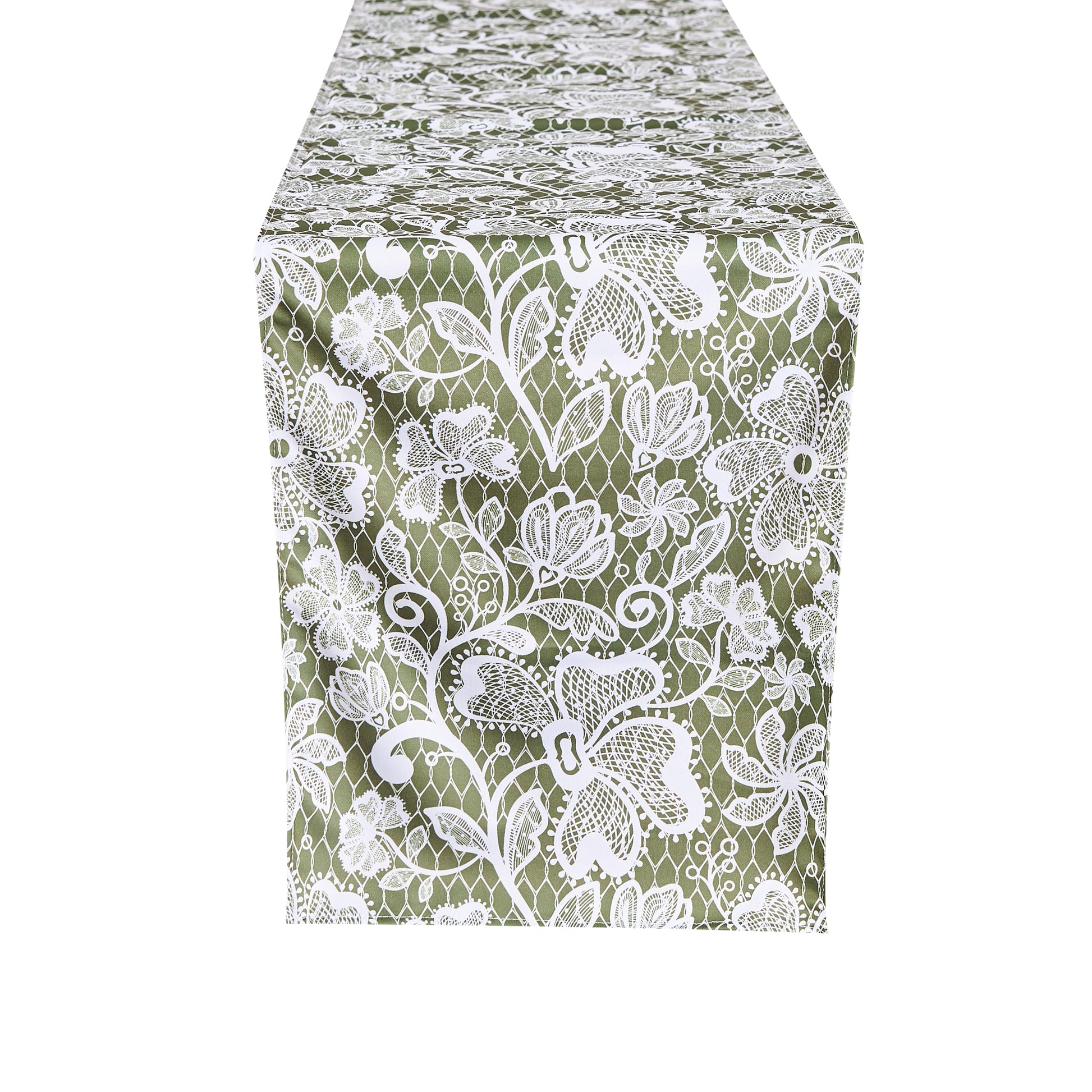 Vintage Lace Print Scuba Table Runner Olive Green/White - CV Linens