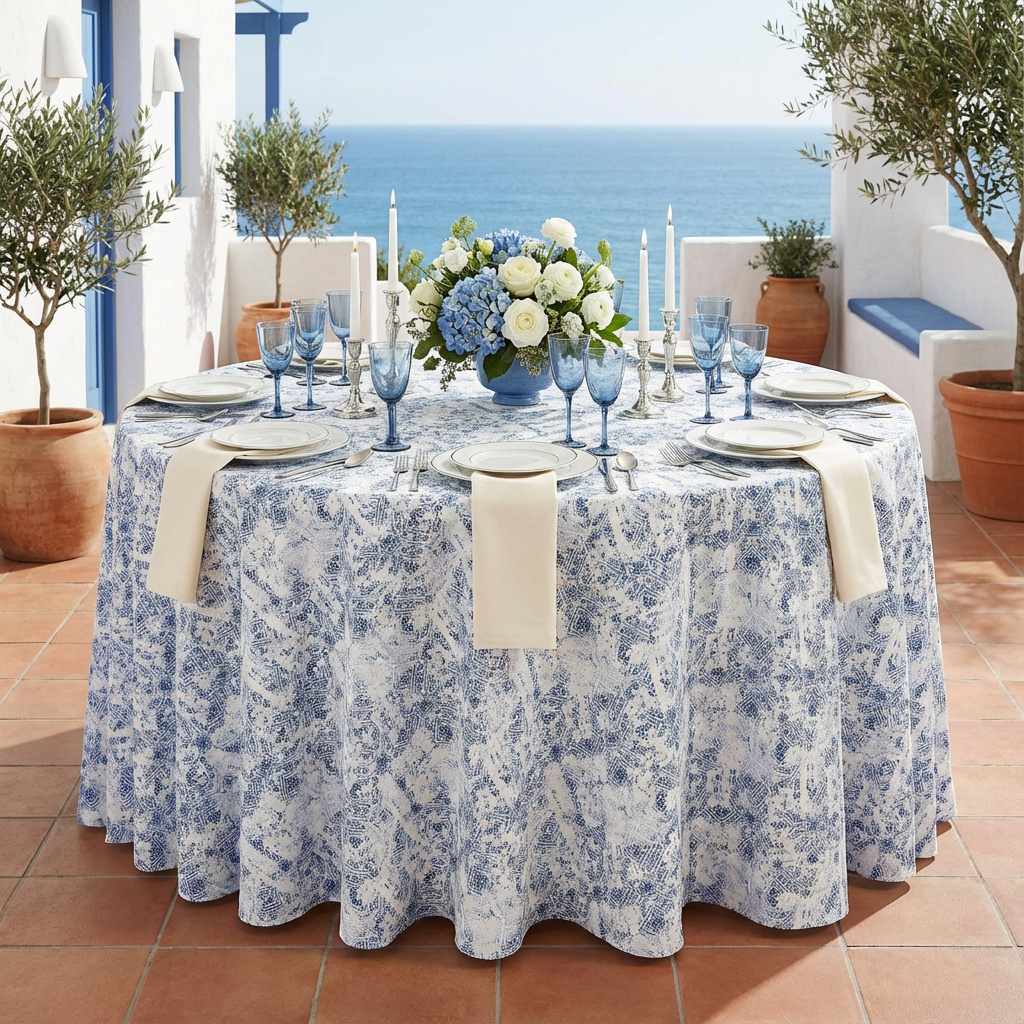outdoor mediterranean setup with Vintage Mediterranean 120" Round Tablecloth