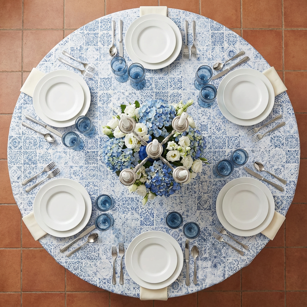 top view of Vintage Mediterranean 120" Round Tablecloth