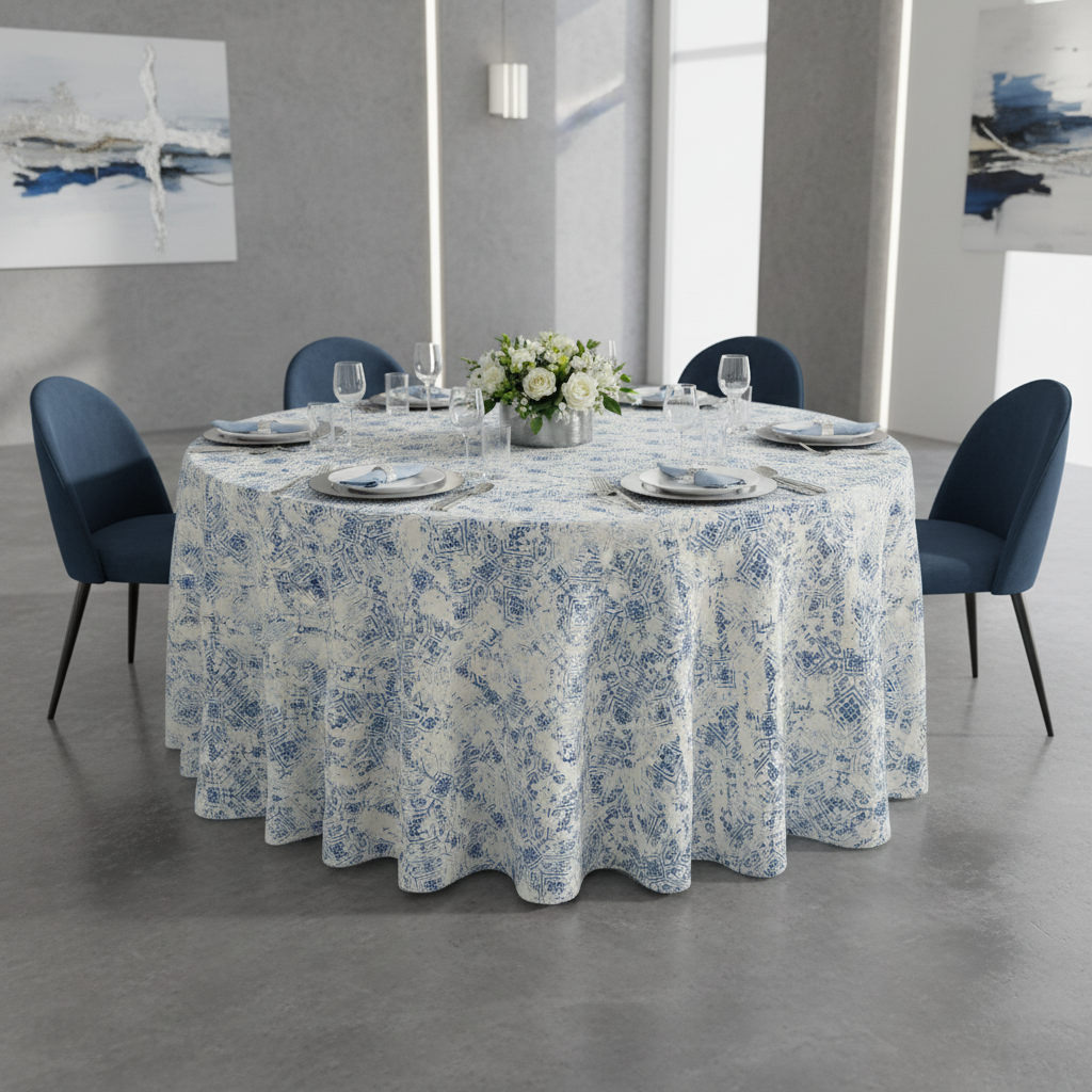 Vintage Mediterranean 132" Round Tablecloth for indoor corporate dinner