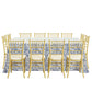 Vintage Mediterranean Print Rectangular Tablecloth 108"x156" paired with gold chiavari chairs 