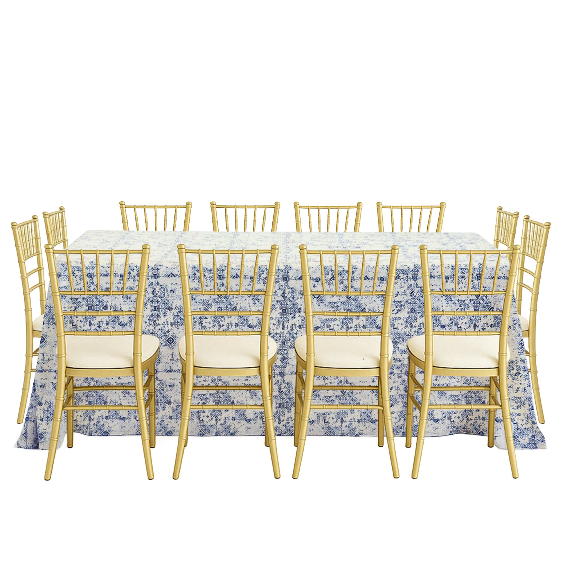 Vintage Mediterranean Print Rectangular Tablecloth 108"x156" paired with gold chiavari chairs 