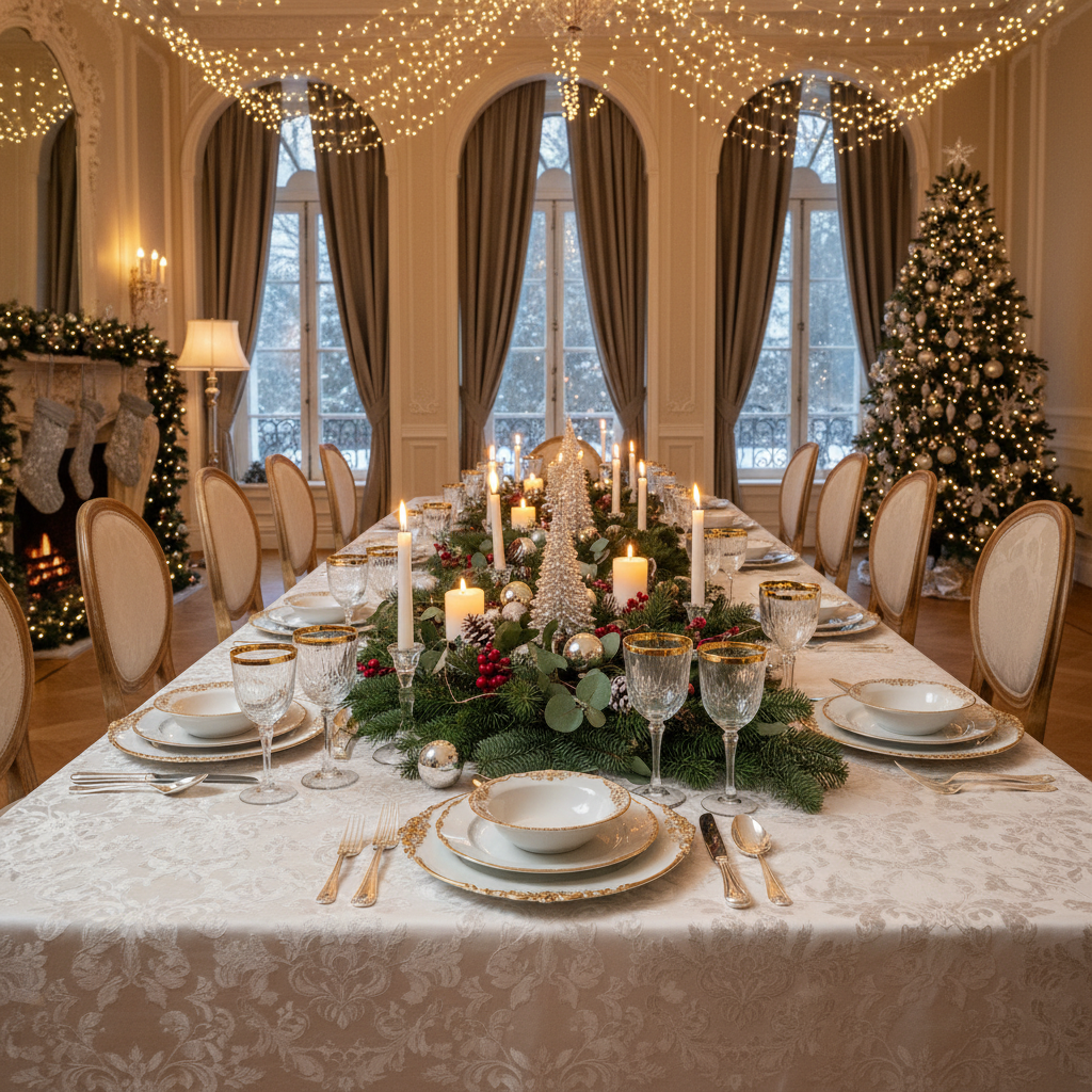 christmas dinner with Vintage Round Charger Plate - White Gold-Trimmed