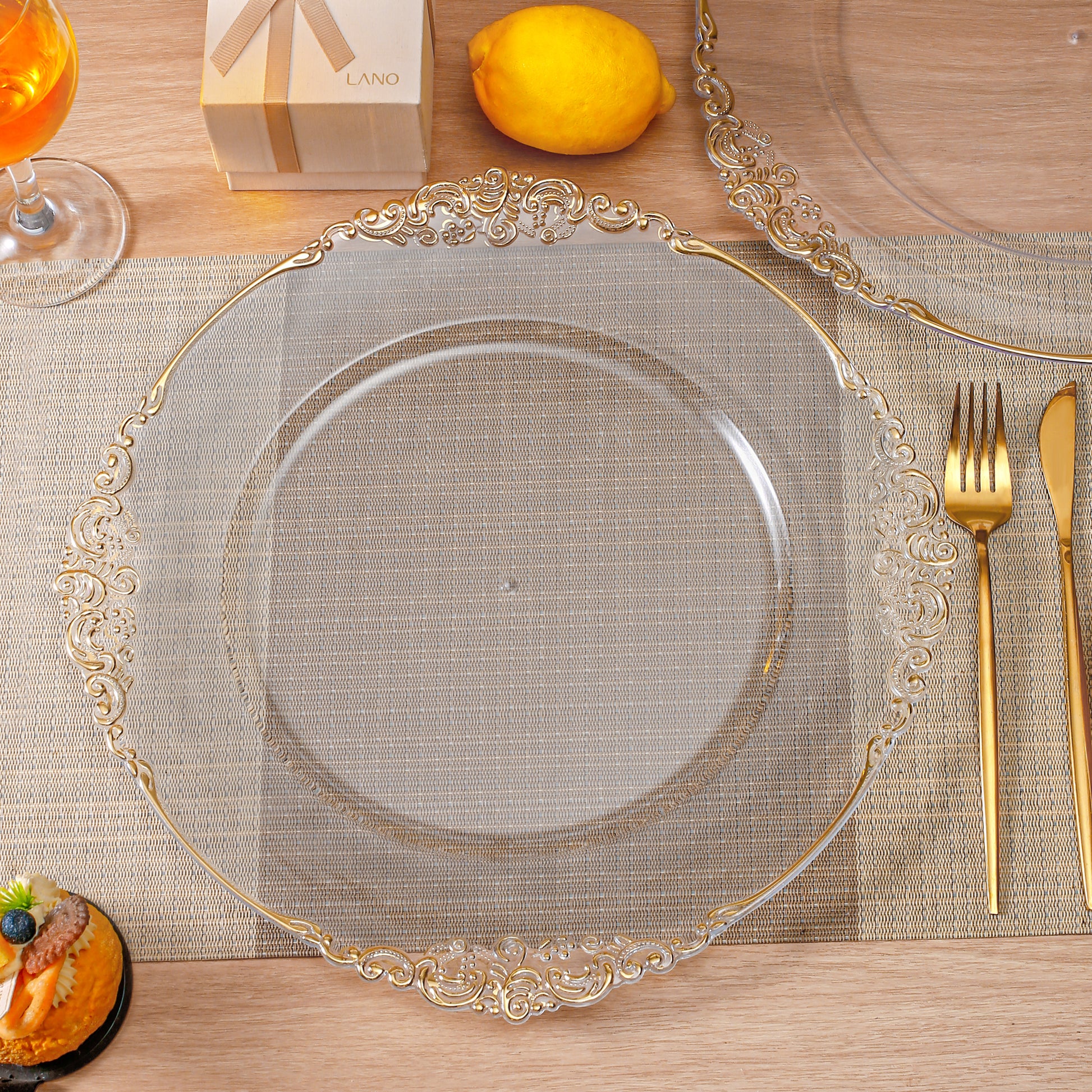 Vintage Round Charger Plate - Clear Gold-Trimmed