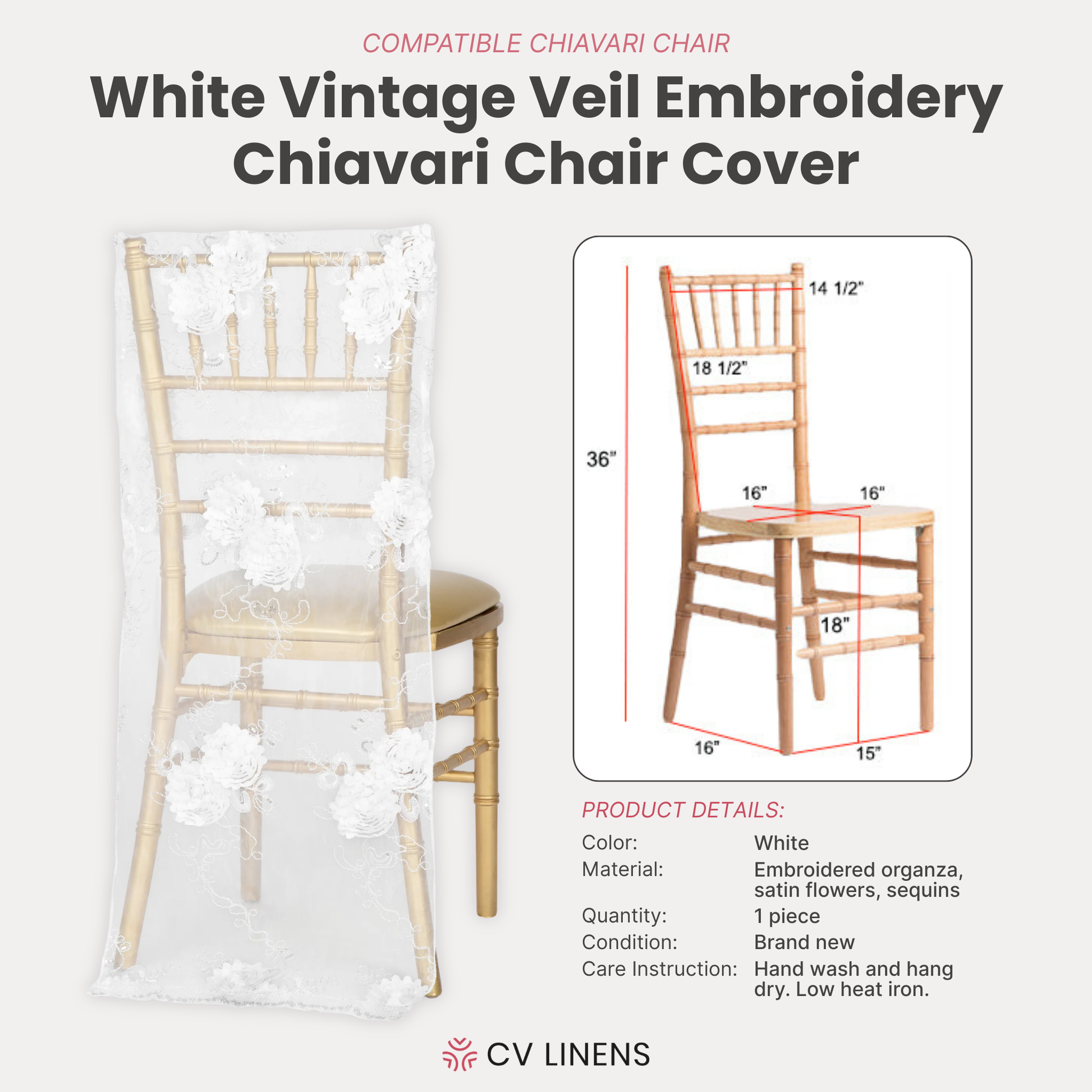 Vintage Veil Chiavari Chair Full Back Cover White infographic showing product details