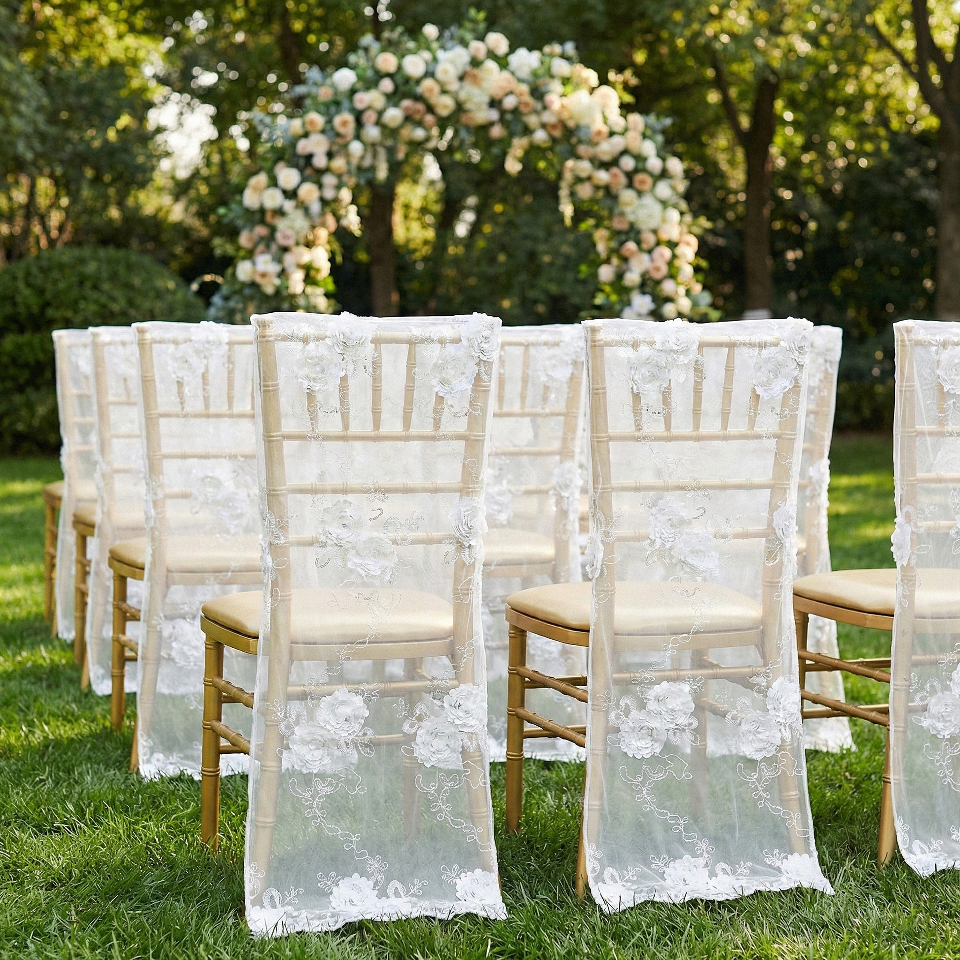 Vintage Veil Chiavari Chair Full Back Cover White outdoor on gold chiavari chairs