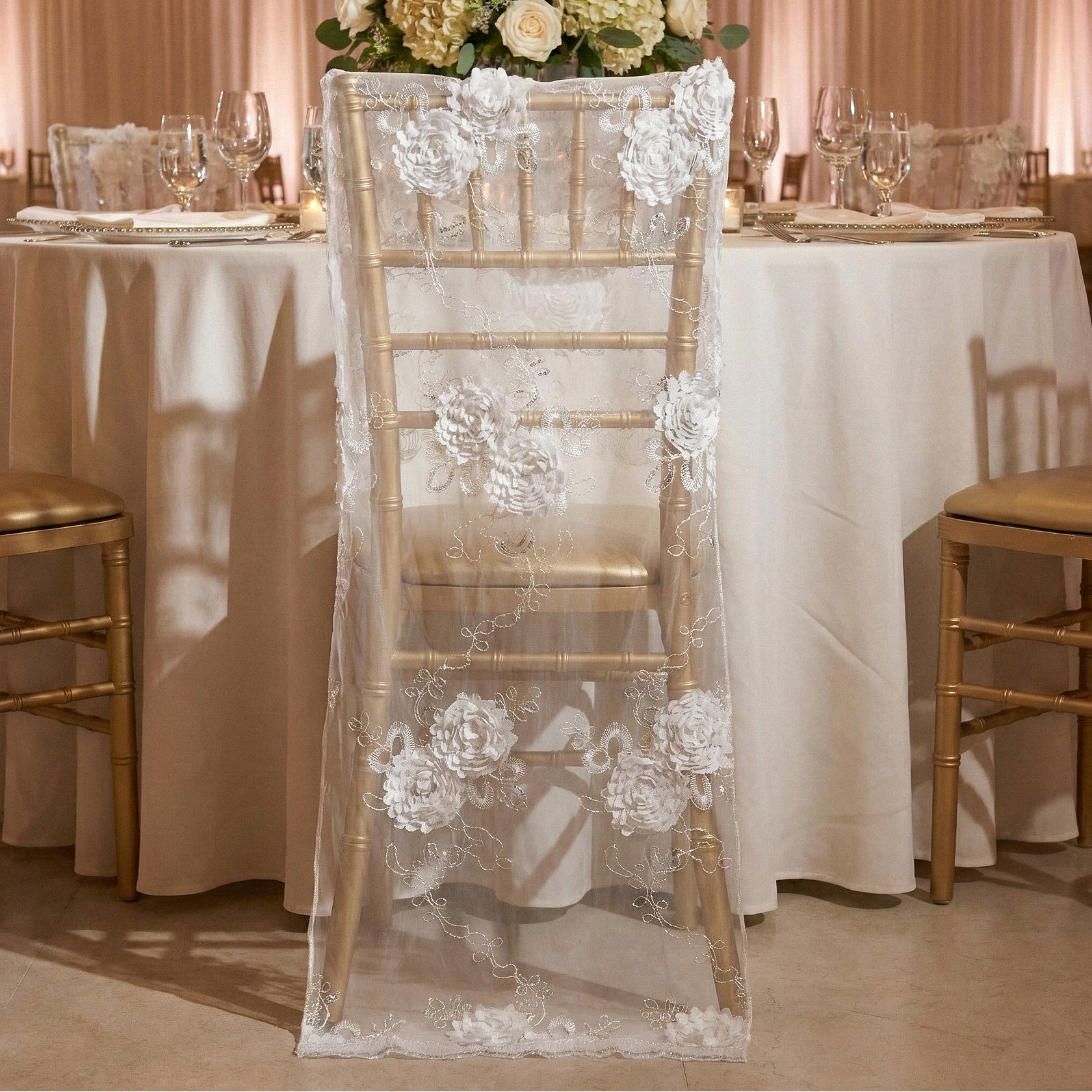 Vintage Veil Chiavari Chair Full Back Cover White on a gold chiavari chair 