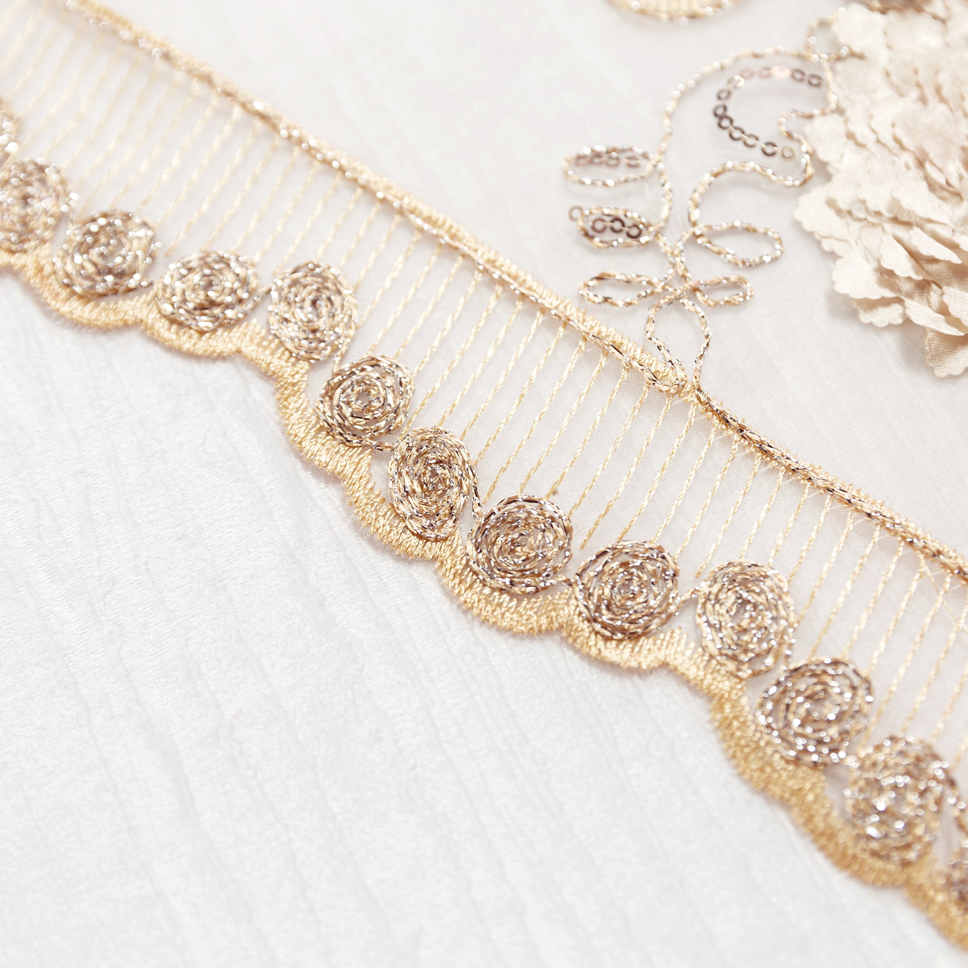 Vintage Veil Embroidery 108" Round Tablecloth/Overlay Topper Champagne edge close up