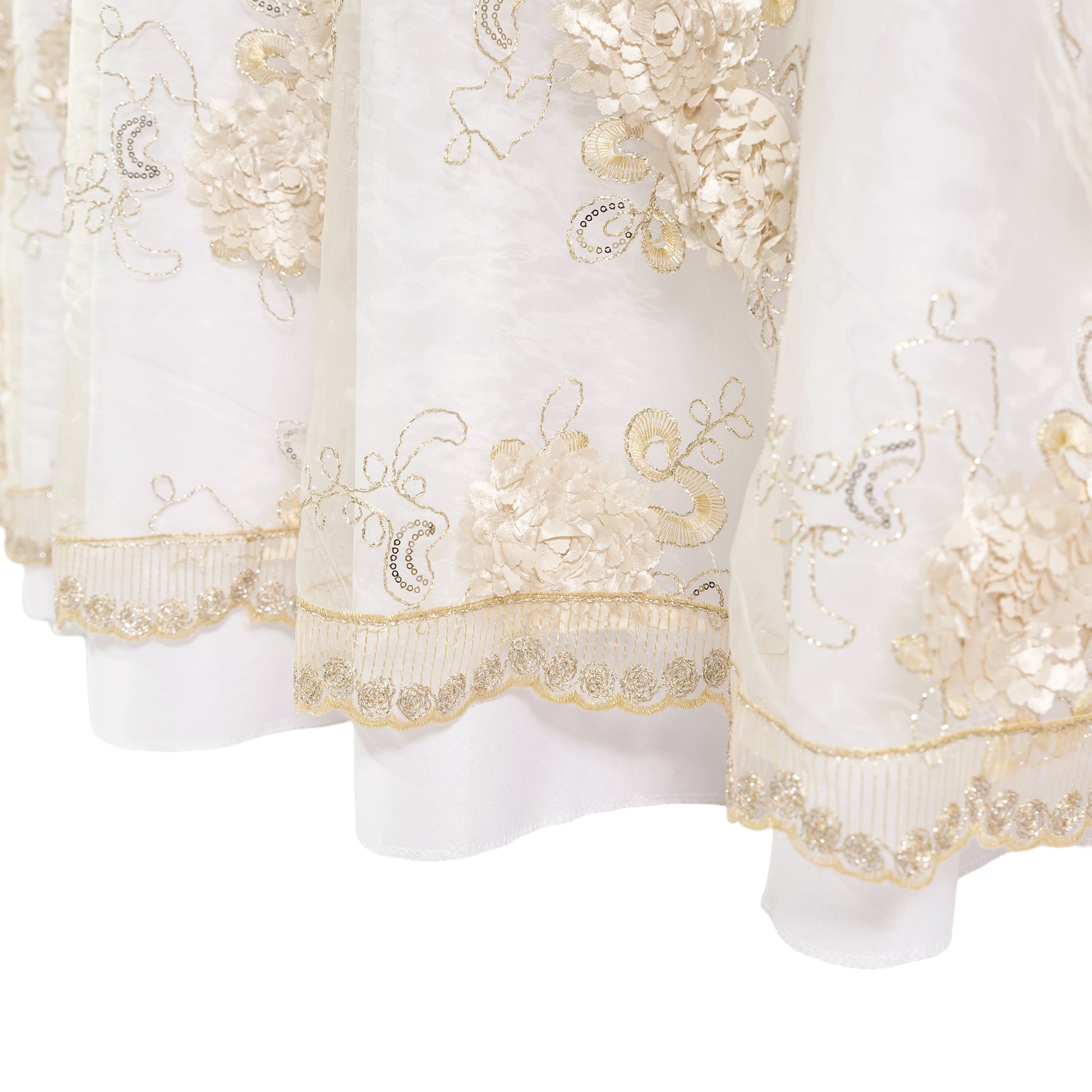 Vintage Veil Embroidery 108" Round Tablecloth/Overlay Topper Champagne edge view