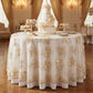 Vintage Veil Embroidery 108" Round Tablecloth/Overlay Topper Champagne on a 60" round table with a wedding cake and cupcakes