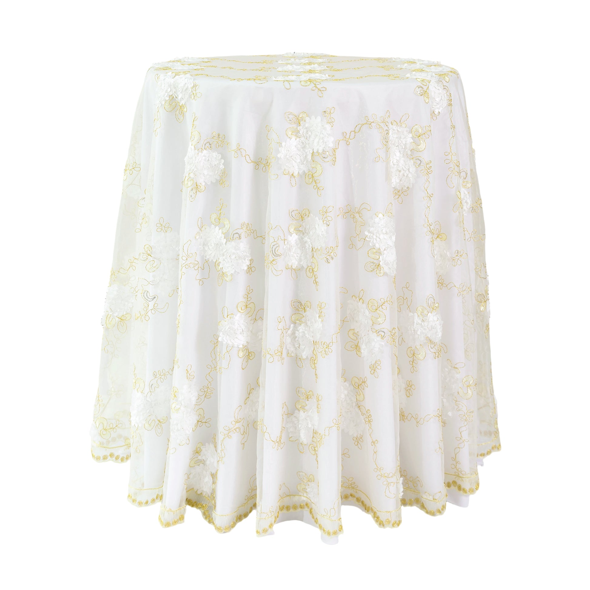 Vintage Veil Embroidery 108" Round Tablecloth/Overlay Topper Gold/Ivory on a highboy/cocktail table