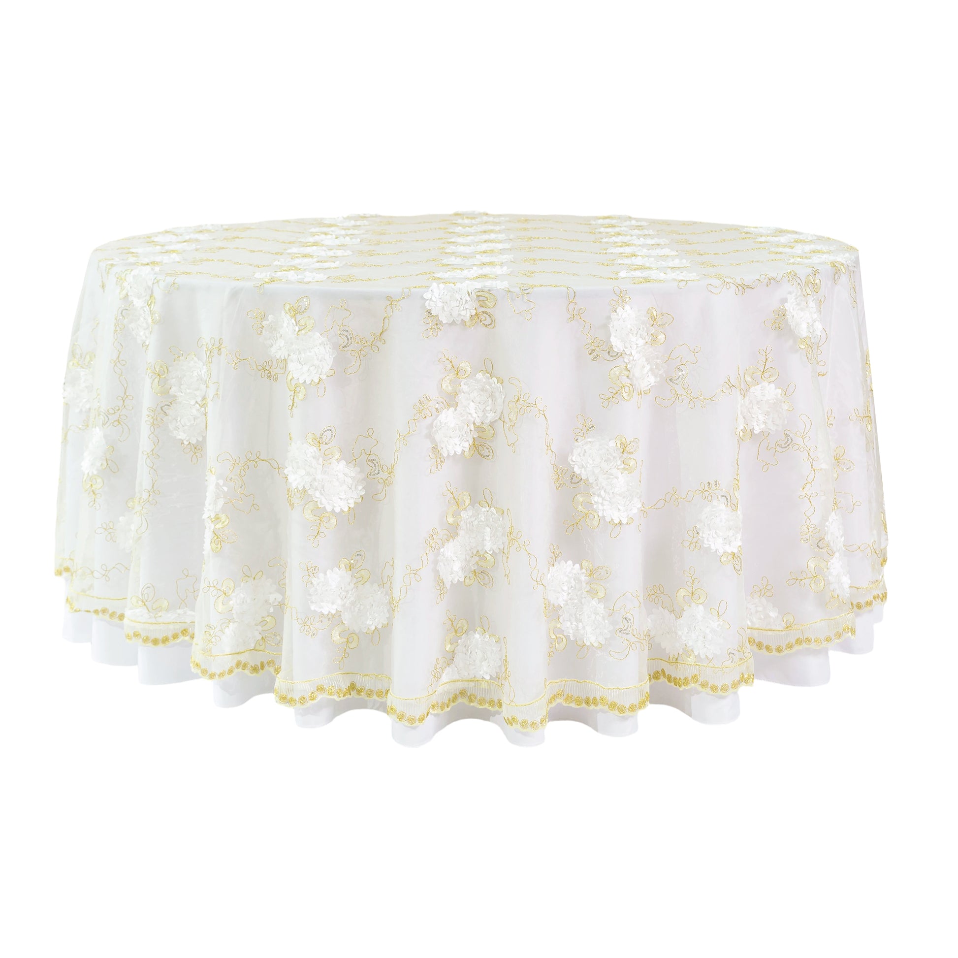 Vintage Veil Embroidery 108" Round Tablecloth/Overlay Topper Gold/Ivory front view
