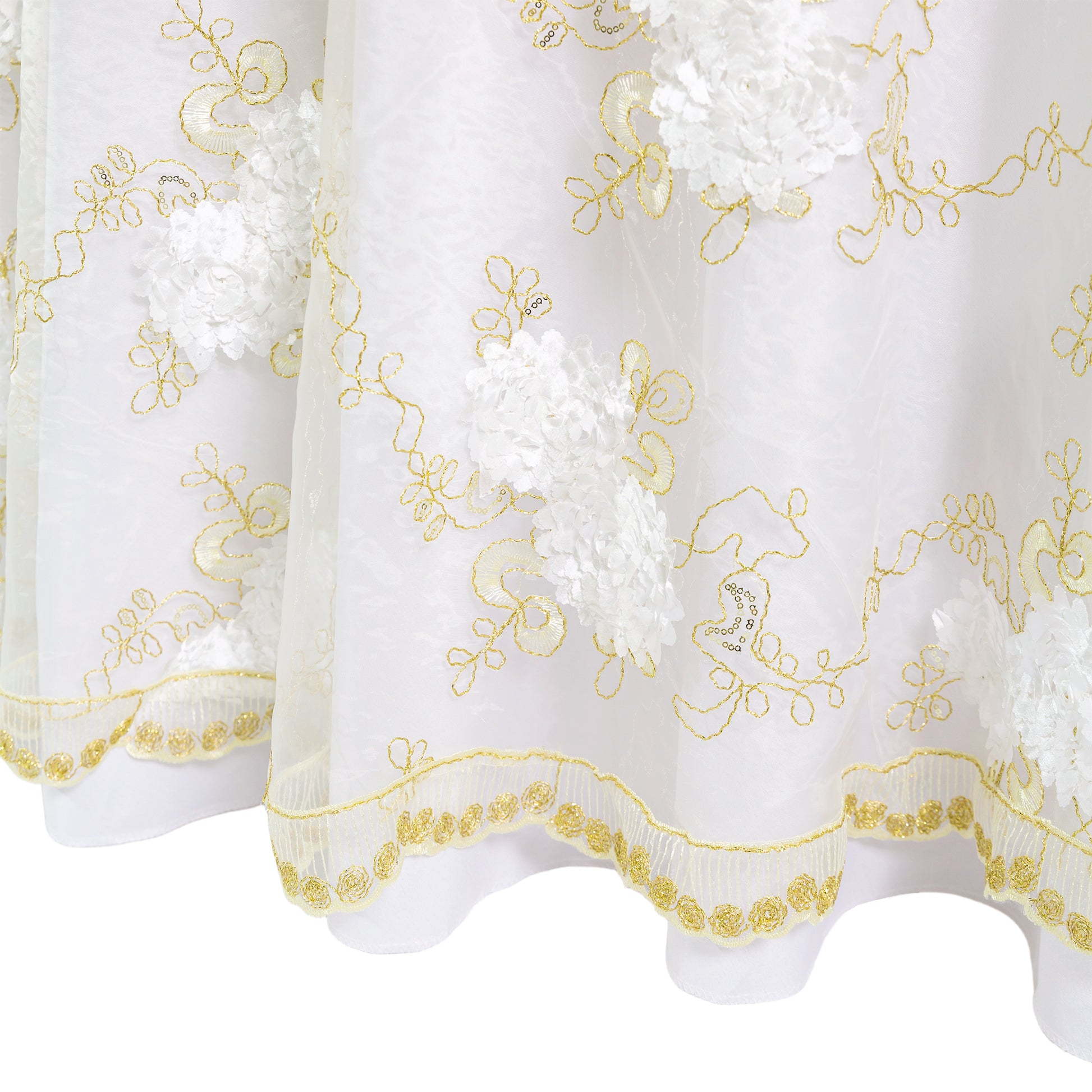Vintage Veil Embroidery 108" Round Tablecloth/Overlay Topper Gold/Ivory pettern details