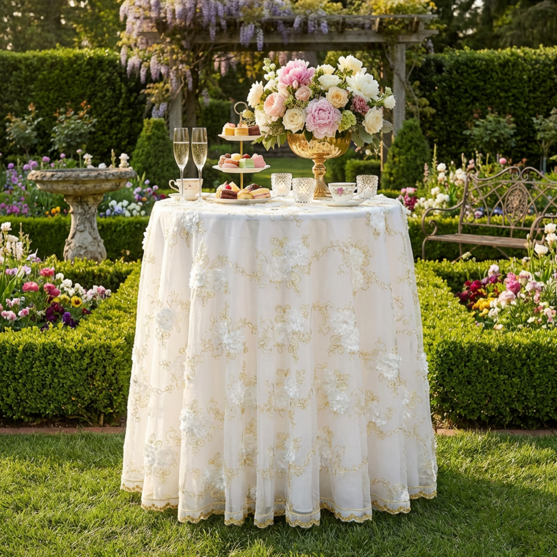 Vintage Veil Embroidery 108" Round Tablecloth/Overlay Topper Gold/Ivory on a cocktail table with wine glasses, floral centerpieceand desserts