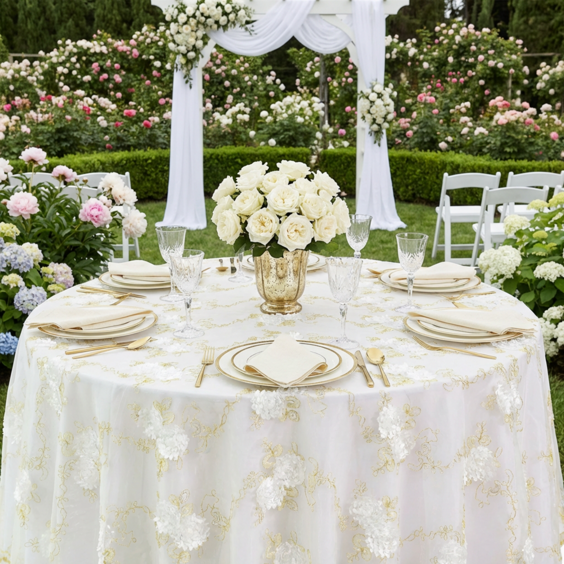 Vintage Veil Embroidery 108" Round Tablecloth/Overlay Topper Gold/Ivory on a 60" round table with wine glasses, floral centerpiece and white/gold charger plates