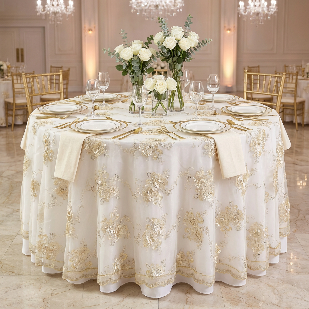 Vintage Veil Embroidery 108" Round Tablecloth/Overlay Topper Champagne on a 60" round table with wine glasses, floral centerpieces and white/gold charger plates