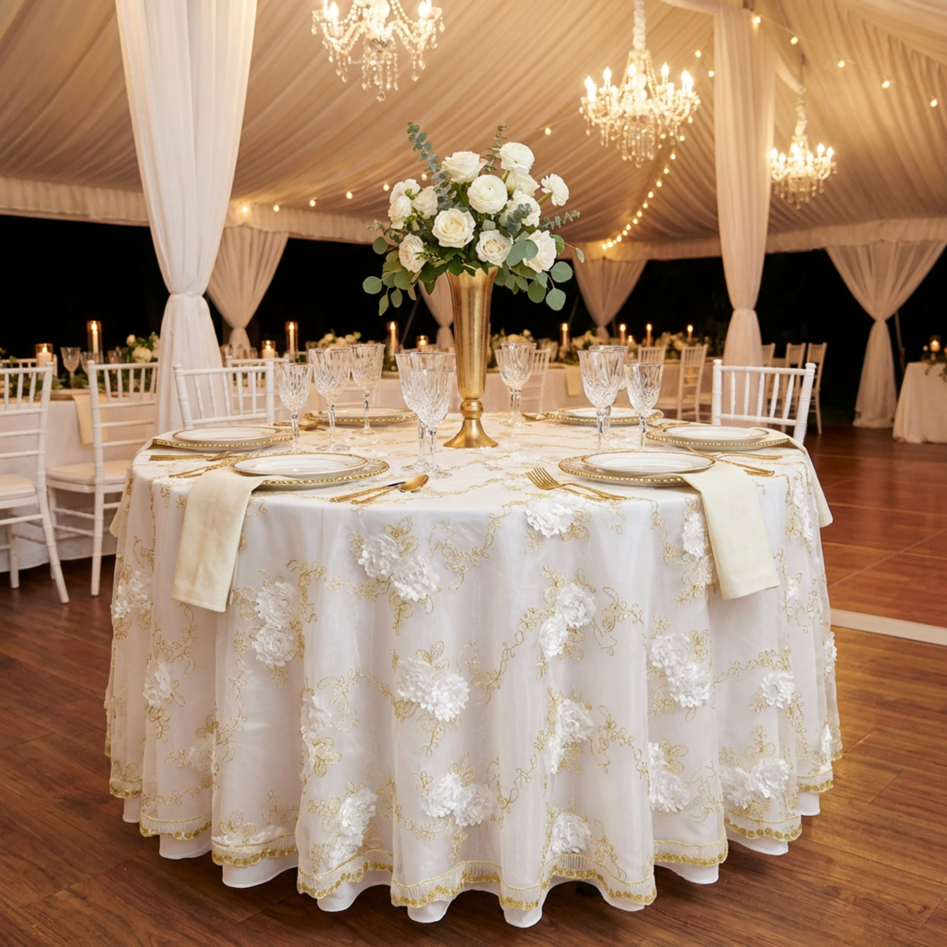 Vintage Veil Embroidery 108" Round Tablecloth/Overlay Topper Gold/Ivory on a 60" round table with wine glasses, floral centerpiece and white/gold charger plates