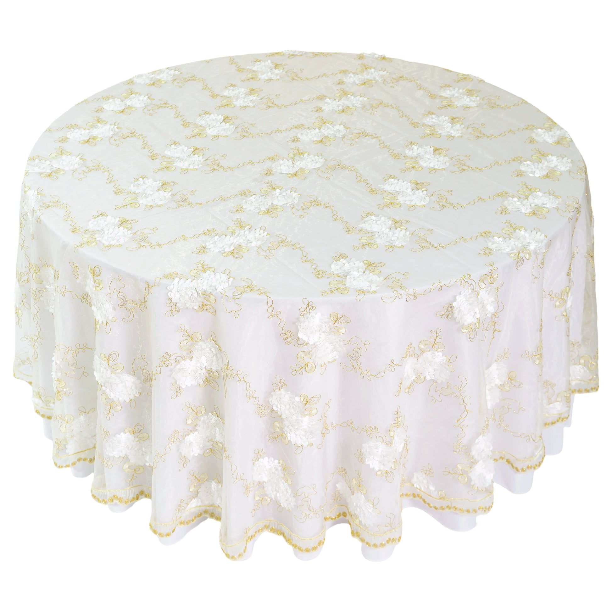 Vintage Veil Embroidery 108" Round Tablecloth/Overlay Topper Gold/Ivory