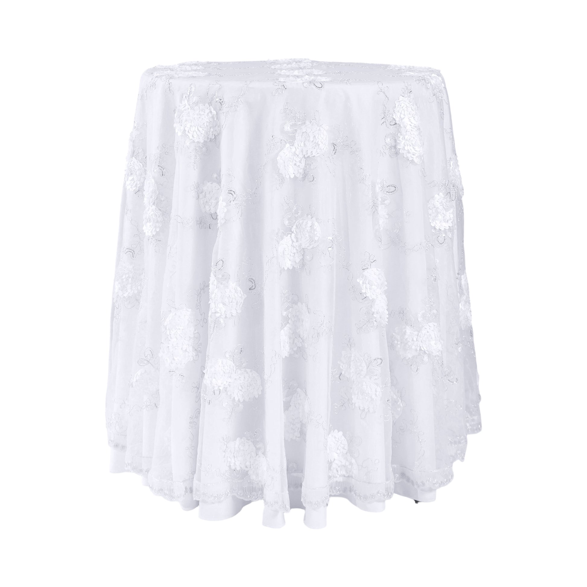 Vintage Veil Embroidery 108" Round Tablecloth/Overlay Topper White on a highboy/cocktail table