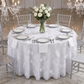 Vintage Veil Embroidery 108" Round Tablecloth/Overlay Topper White paired with floral centerpieces, wine glasses and silver charger plates